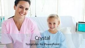  Presentation with female hospital patient - Beautiful slide set featuring children hospitals - smiling female doctor with her backdrop and a light blue colored foreground