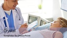  Presentation with hospital bed - Slides with children hospitals - smiling girl looking at doctor background and a light blue colored foreground