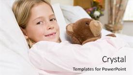  Presentation with moving patient to hospital bed - PPT theme consisting of children hospitals - young girl lying in hospital background and a sky blue colored foreground