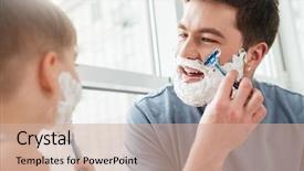  Presentation with shaving - Beautiful theme featuring children imitate parents - photo of happy handsome father backdrop and a coral colored foreground