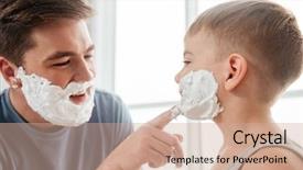  Presentation with shaving - PPT layouts featuring children imitate parents - picture of handsome father background and a coral colored foreground
