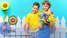  Presentation with joyful - Audience pleasing PPT layouts consisting of children in a summer garden backdrop and a teal colored foreground