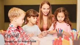  Presentation with daycare - Amazing PPT layouts having playschool - woman as a teacher backdrop and a coral colored foreground