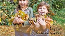  Presentation with play children - Theme consisting of children in autumn forest play with fallen down leaf background and a coral colored foreground