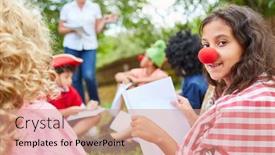  Presentation with summer camp show - Audience pleasing PPT layouts consisting of children-in-costume-rehearse backdrop and a coral colored foreground