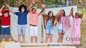  Presentation with happy holiday - Theme having children-in-costume background and a soft green colored foreground