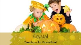  Presentation with witches - Presentation design consisting of children in fancy dress witches and skeleton holding pumpkins halloween party background and a gold colored foreground