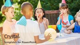  Presentation with summer party - Colorful slides enhanced with children in international kindergarden celebrate backdrop and a  colored foreground