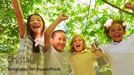  Presentation with winner cup - Cool new PPT theme with children-in-multicultural-camp backdrop and a yellow colored foreground
