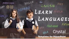  Presentation with school languages - Slide deck consisting of children-in-school-uniforms background and a tawny brown colored foreground