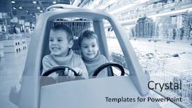  Presentation with automobile - Presentation theme enhanced with children in toy automobile in supermarket background and a light blue colored foreground