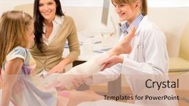  Presentation with broken leg - Presentation consisting of children injury - female pediatrician checking broken bandaged background and a coral colored foreground