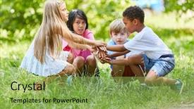  Presentation with friendship school - Presentation design enhanced with multicultural group of children is background and a seafoam green colored foreground