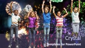  Presentation with black children - PPT theme with children jumping at park against colourful fireworks exploding on black background background and a violet colored foreground