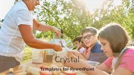  Presentation with summer camp - Slide deck with children-learn-to-cook-healthily background and a coral colored foreground