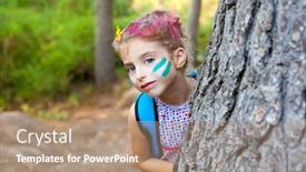  Presentation with children playing - Slide set enhanced with children little girl happy playing in forest tree with party makeup background and a coral colored foreground