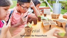  Presentation with summer school - Beautiful slide deck featuring children-look-through-magnifying-glasses backdrop and a lemonade colored foreground