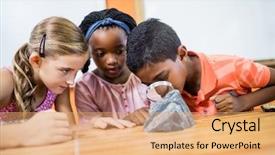  Presentation with looking glass - Theme with children looking fossils background and a coral colored foreground