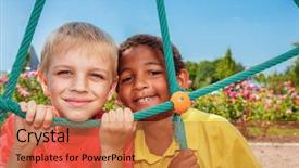  Presentation with children diversity - Audience pleasing presentation design consisting of children looking through the net backdrop and a coral colored foreground