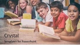  Presentation with children books - Presentation design featuring children lying down while reading background and a coral colored foreground