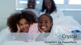  Presentation with children parents - Presentation theme having children lying on bed with parents in background at home background and a light blue colored foreground