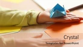  Presentation with paper making - PPT theme featuring children making swan with coloured paper background and a coral colored foreground