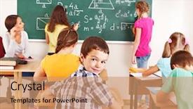  Presentation with elementary school career day and technology and black female teacher - PPT layouts having school child with teacher in classroom background and a coral colored foreground