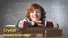  Presentation with tan book stack stacks of books - Cool new PPT theme with children math - smiling child resting backdrop and a tawny brown colored foreground