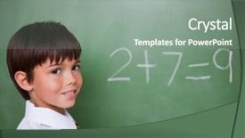  Presentation with chalkboard - Colorful slides enhanced with children math - smiling schoolboy writing an addition backdrop and a gray colored foreground