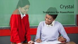  Presentation with teaching - Presentation theme having children multiethnic - young teacher teaching little schoolgirl background and a  colored foreground