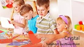  Presentation with paper cutting - Theme with children nursery - child boy cutting out scissors background and a coral colored foreground