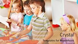  Presentation with paper cutting - PPT layouts consisting of children nursery - child boy cutting out scissors background and a  colored foreground