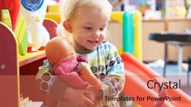  Presentation with hipster girl playing tetris game - Beautiful presentation theme featuring children nursery - young girl playing with toys backdrop and a coral colored foreground