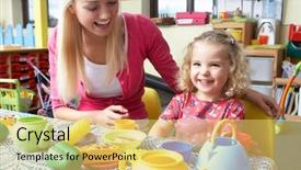  Presentation with hipster girl playing tetris game - Theme consisting of children nursery - young woman playing with girl background and a yellow colored foreground