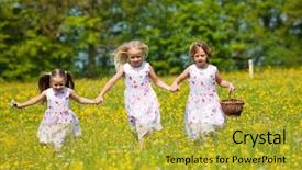  Presentation with easter basket - Slide deck consisting of children on a beautiful sunlit meadow in spring with a basket on an easter egg hunt background and a gold colored foreground