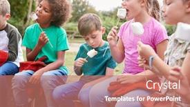  Presentation with activity - Colorful presentation theme enhanced with children-on-outdoor-activity-camping backdrop and a coral colored foreground