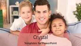  Presentation with children adoption - PPT theme enhanced with children orphans - young man and little kids background and a coral colored foreground