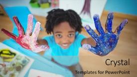  Presentation with arts and crafts - Cool new slide set with children paint - happy kid enjoying arts backdrop and a coral colored foreground