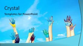 Presentation with children hands - Slides enhanced with children painted hands against blue background and a light gray colored foreground
