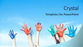 Presentation with children hands - PPT theme with children painted hands against blue background and a light blue colored foreground