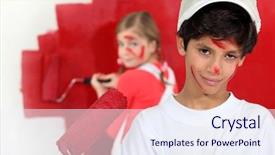  Presentation with children painting - Amazing slide deck having children painting a room red backdrop and a sky blue colored foreground