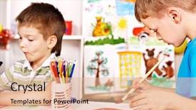  Presentation with children painting - Slide set with children painting at easel background and a lemonade colored foreground