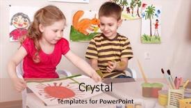  Presentation with children painting - Slides with children painting in play room background and a coral colored foreground