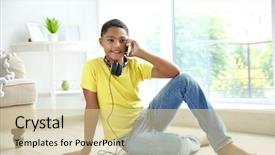  Presentation with headphones - Presentation theme having children phone - african american boy with headphones background and a  colored foreground