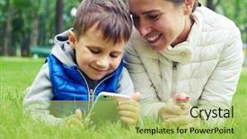  Presentation with green nature - Audience pleasing PPT layouts consisting of children phone - mother and her little son backdrop and a yellow colored foreground