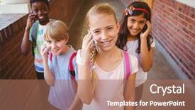  Presentation with school kids - PPT theme consisting of children phone - portrait of smiling little school background and a  colored foreground