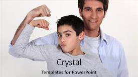  Presentation with activity - Presentation theme with children physical activity - father and son showing muscles background and a light blue colored foreground