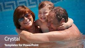  Presentation with pool restaurant family - Presentation enhanced with children physical activity - happy family grandparents having bath background and a coral colored foreground