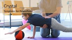  Presentation with children physiotherapy - Colorful slide set enhanced with children physiotherapy - physiotherapist working with patient backdrop and a coral colored foreground