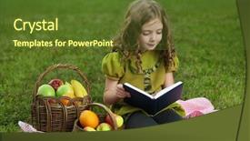  Presentation with child girl reading a book - Beautiful PPT theme featuring children picnic - beauty girl read book outdoors backdrop and a  colored foreground